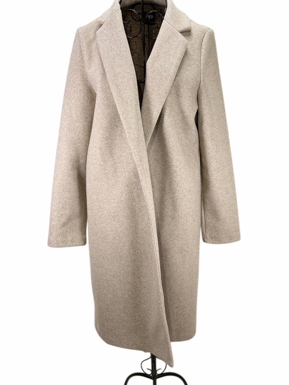 ZARA Oatmeal Taupe Longline Open Front Coat Oversized Lapel L